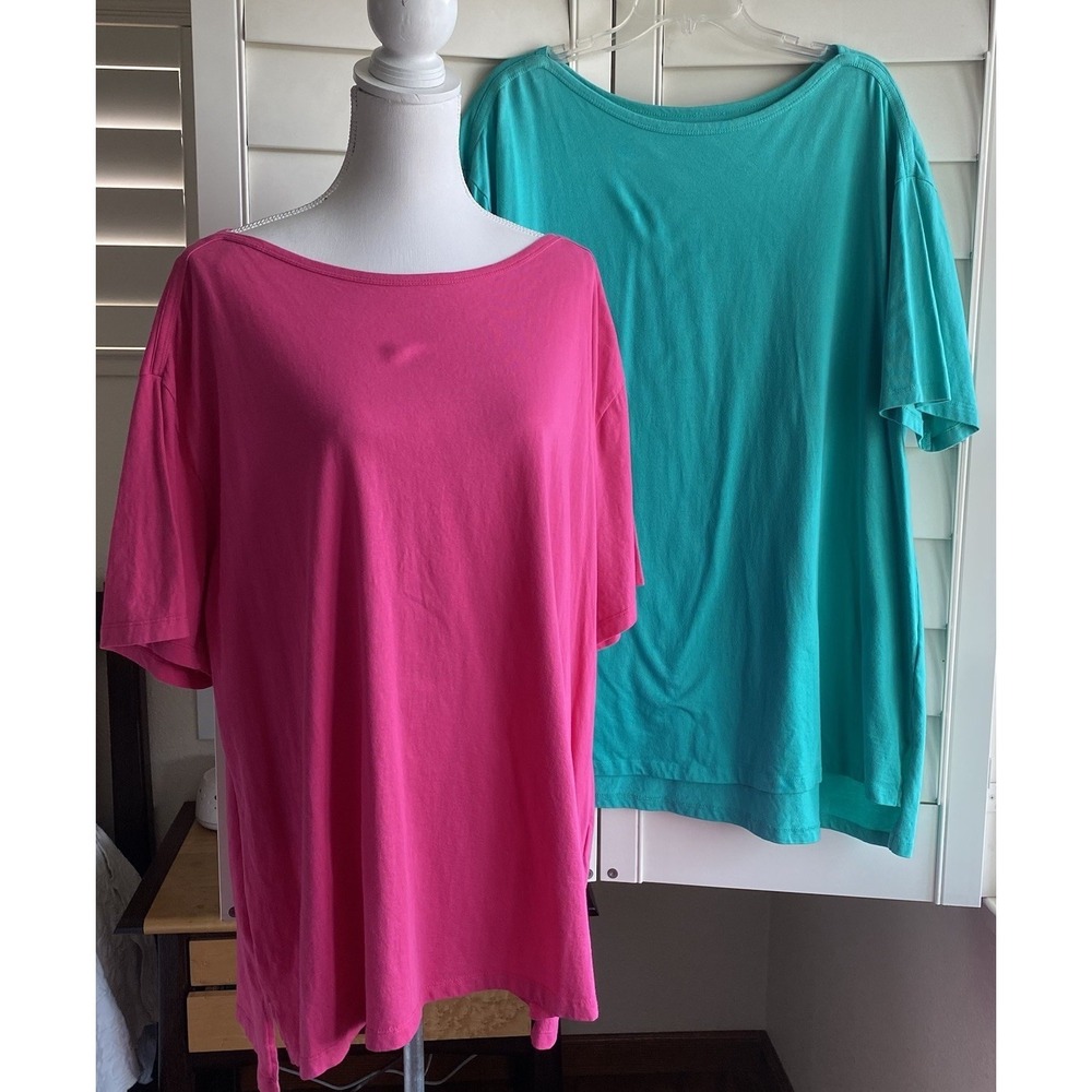 Lot Of 2 Woman Within 1X Boat Neck Short Sleeve Top Size 22/24 Pink Teal‎ Cotton